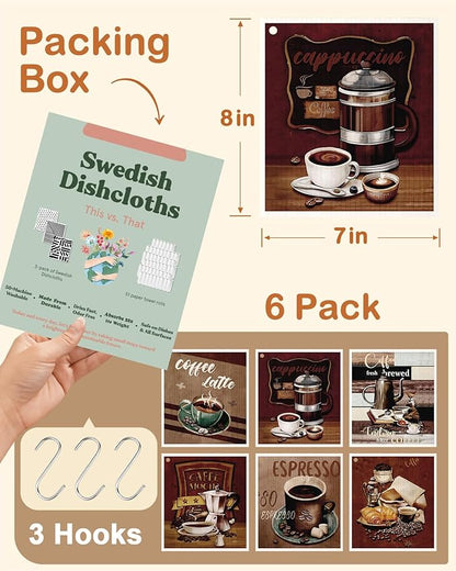Miss Adola Kitchen Swedish Dishcloths with Hooks - 6 Pack Reusable Dish Cloths for Washing Dishes Fast Drying Cute Fun Swedish Dish Towels Washable Cleaning Sponge, Brown Coffee
