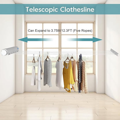 Pissente Retractable Clothesline Kit for Indoor Outdoor Use, Telescopic Wall Mounted Drying Rope Hanger for Bathroom Balcony Kitchen Laundry