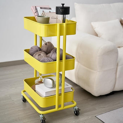3 Tier Rolling Cart Metal Heavy Duty Utility Cart with Silent Caster Lockable Wheel Multi-Functional Organization Carts Storage Trolley with Mesh Shelves for Office Kitchen Living Room Yellow