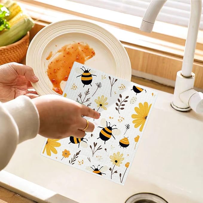 Bee Flower Yellow Swedish Dishcloths for Kitchen, Swedish Dish Cloths for Bee Happy, Papaya Reusable Paper Towels, 4 Pack Dish Towels for Kitchen, Reusable Paper Towels Washable