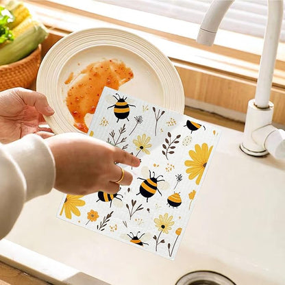 Bee Flower Yellow Swedish Dishcloths for Kitchen, Swedish Dish Cloths for Bee Happy, Papaya Reusable Paper Towels, 4 Pack Dish Towels for Kitchen, Reusable Paper Towels Washable