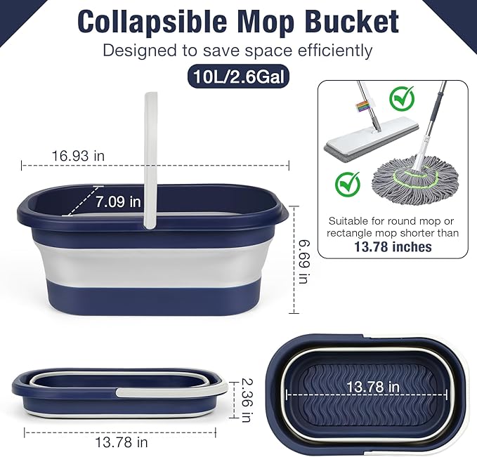 Collapsible Mop Bucket with Handle Portable Silicone Square Wash Bucket for Car Washing Laundry Storage Cleaning Camping Fishing,Space-Saving Plastic Bucket Single Pack