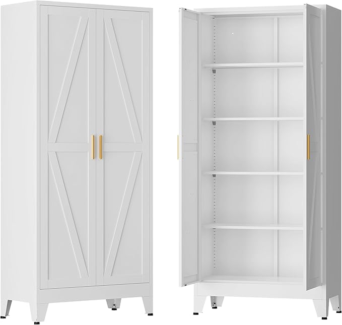 71" H Steel Storage Cabinet,Heavy Duty Tool Storage Cabinet,Metal Garage Storage Cabinets,Broom Closet Storage Cabinet,Utility Cabinet,White Storage Cabinets