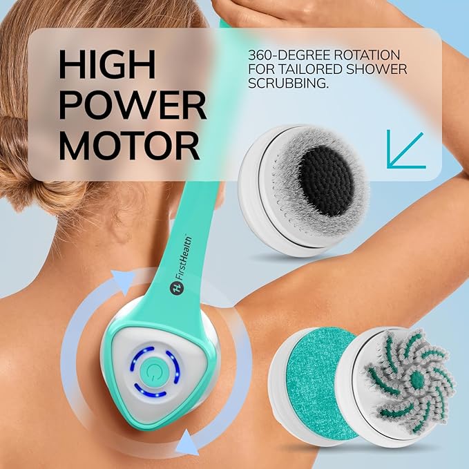 FIRSTHEALTH 6-in-1 Electric Exfoliating Body Scrubber for Women & Men, USB-C Rechargeable IPX7 Waterproof Shower Brush, Detachable Long Handle Back Scrubber & Foot Brush, 3 Modes