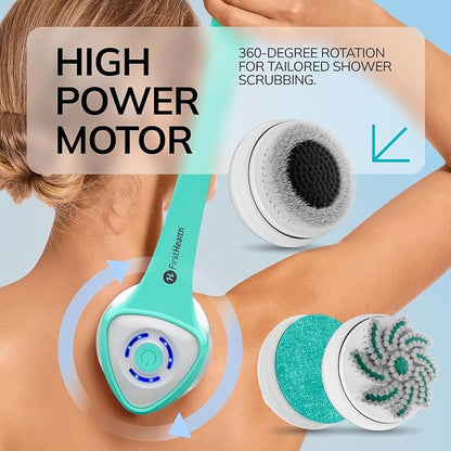 FIRSTHEALTH 6-in-1 Electric Exfoliating Body Scrubber for Women & Men, USB-C Rechargeable IPX7 Waterproof Shower Brush, Detachable Long Handle Back Scrubber & Foot Brush, 3 Modes