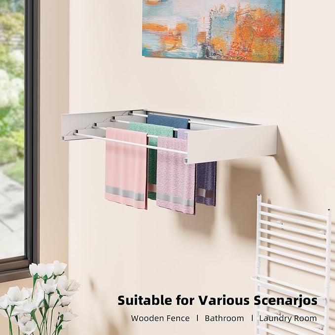 ZMBESUP Wall Mounted Drying Rack for Small Space, 23.6" Foldable Collapsible Laundry Rack, Compact Space Saver for Apartment Bathroom Balcony, Includes Wall Template (White)
