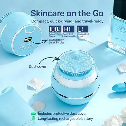 Electric Face Scrubber & Silicone Facial Cleansing Brush - Waterproof Sonic Face Brush Exfoliator with LED Screen, 3 Beauty Light Modes, Rechargeable Face Wash Brush for Deep Cleaning & Massage-Blue