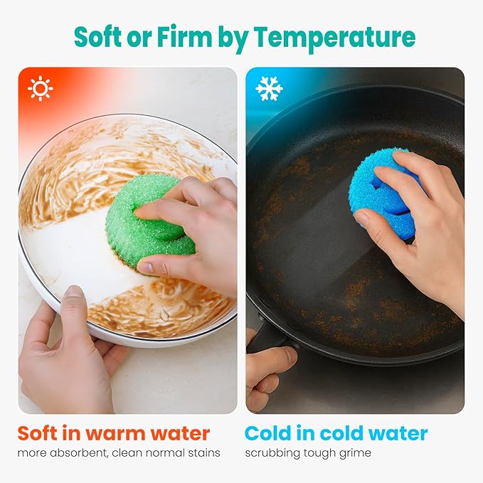 Scrub Sponge Dish Scrubber, Non Scratch Multipurpose Sponges, Temperature Controlled Dual Sided Cleaning Pads, Durable BPA Free and Odor Resistant Polymer Foam, Safe for Kitchen, Bathroom