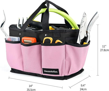 Housolution Gardening Tote Bag, Deluxe Garden Tool Storage Bag and Home Organizer with Pockets, Wear-Resistant & Reusable, 14 Inch, Pink