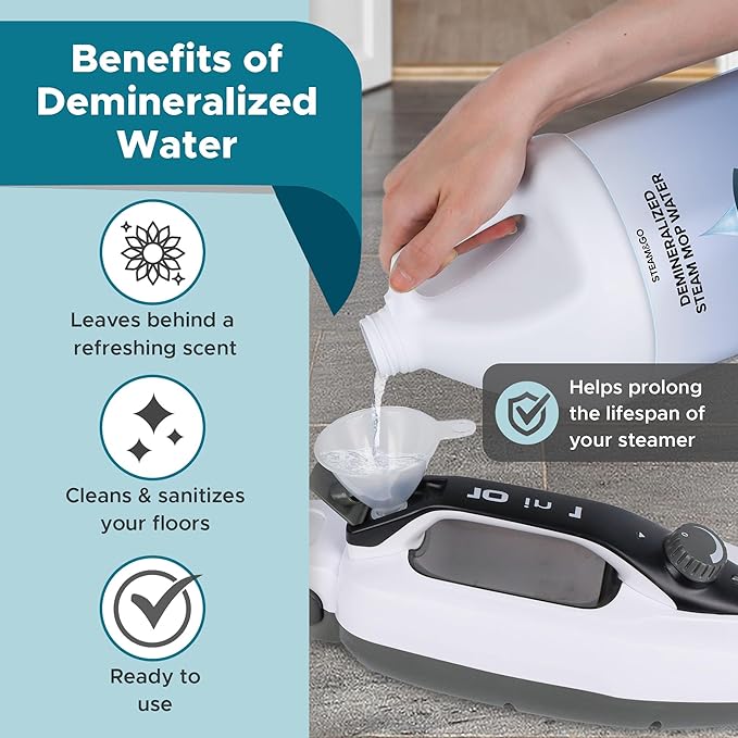 Steam and Go Unscented Demineralized Water - Cleaning Solution for Steam Mop, Floor Cleaner Solution, & More - Ready-to-Use Multi-Surface Floor Cleaning Solution - No PVC - 128 Fl. Oz
