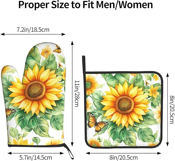 Sunflower Oven Mitts and Pot Holders Sets Watercolor Yellow Floral Plant Kitchen Gloves Hot Pads 2 Pieces Set Spring Summer Farmhouse Kitchen Decor and Accessories