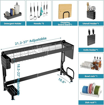 Over the Sink Dish Drying Drainer Rack - Height & Width Adjustable Large Capacity Stainless Steel Kitchen Storage Organization Plate Strainers Above Kitchen Counter (W21.2-37" ~ H18.5-22" Black)
