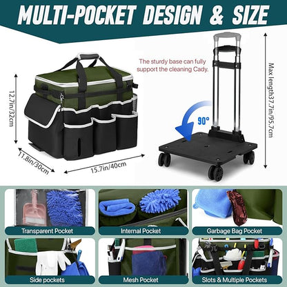 Large Rolling Cleaning Caddy Bag with Detachable Trolley, Full Support Plates for Professional Cleaning Supplies Bag, Organizer Bag with 4 Universal Wheels for Housekeepers, Car Wash (Green)