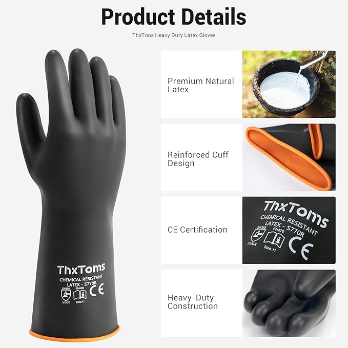 ThxToms Heavy Duty Chemical Resistant Latex Gloves, Waterproof Rubber Gloves, Puncture Resistant, Acid Oil & Alkali Resistant for Industrial Cleaning, Gardening, 14", 1 Pair