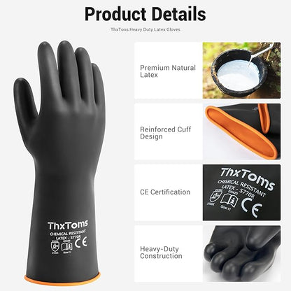 ThxToms Heavy Duty Chemical Resistant Latex Gloves, Waterproof Rubber Gloves, Puncture Resistant, Acid Oil & Alkali Resistant for Industrial Cleaning, Gardening, 14", 1 Pair