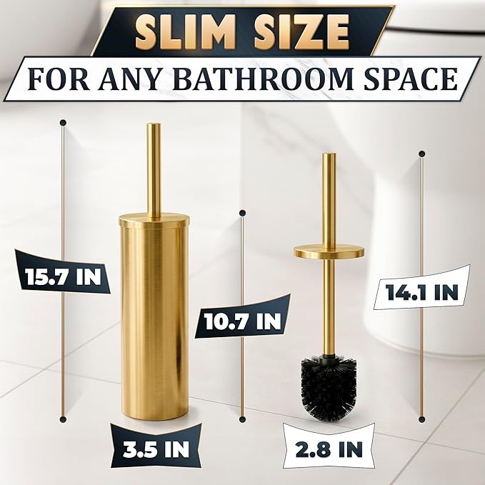 Gold Toilet Brush and Holder Set - Brushed Stainless Steel Gold Toilet Bowl Brush and Holder with Replaceable Head, Removable Inner Bowl, and Splash Protection - Dense Bristles for Thorough Cleaning