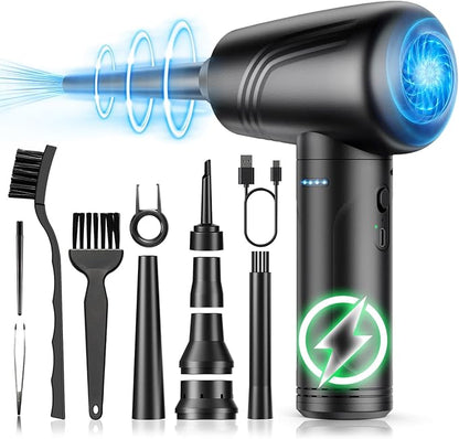 11-in-1 Compressed Air Duster 3-Speed Adjustable 120000 RPM with LED Light, Reusable no Canned Keyboard Cleaner for Office, 9000mAh Cordless Air Duster for Computer/Car/Home (Black)