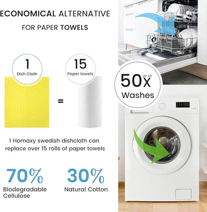 Homaxy Swedish Dishcloths for Kitchen, 15 Pack Reusable and Washable Cellulose Sponge Cloths Dish Towels, Absorbent and No Odor Paper Towels for Dishes ＆ Counters, Yellow
