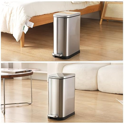 SYNCVIBE Bathroom Trash Can with Soft-Close Lid 3.5 Gallon Stainless Steel Garbage Can with Removable Inner Bucket Slim Trash Bins for Bedroom, Office (Silver)