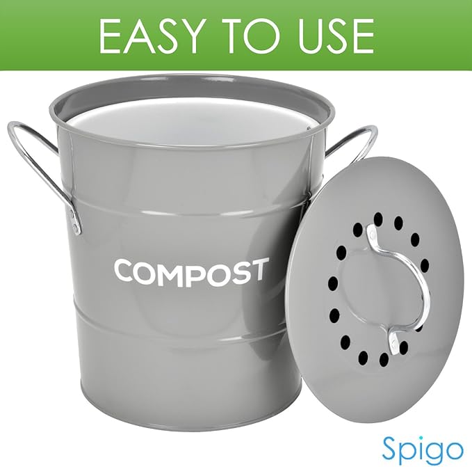 Indoor Kitchen Compost BIN, Great for Food Scraps, Includes Charcoal Filter for Odor Absorbing, Removable Clean Plastic Bucket, Handles, Durable Stainless Retro Design, 1 Gallon, Grey