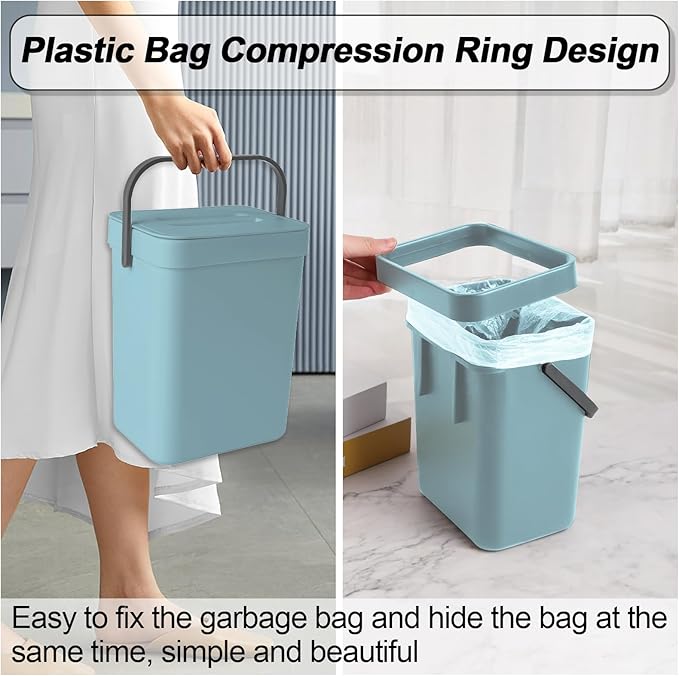 Compost Bin Kitchen, Includes 100 Trash Bags, Hanging Trash Can with Lid, Features Pet-Proof, Odor-Proof, and Quiet Opening/Closing. Suitable for Bathrooms/Bedrooms/Offices (Blue, 1.3 Gal/5 L)