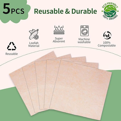 5 Pack Swedish Dishcloths for Kitchen, 100% Compostable Loofah & Plant Fiber Swedish Dish Cloths, Reusable Paper Towels, Super Absorbent, Non-Stick Oil, Fast Dry(7.87x7.87in)
