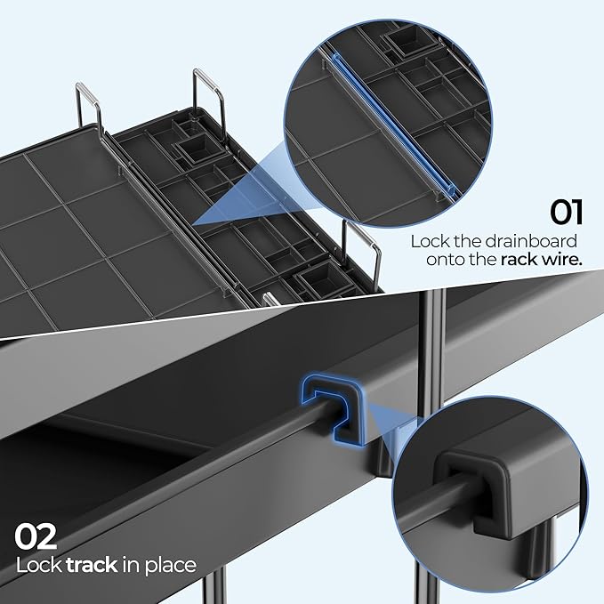 Large Dish Drying Rack, Expandable Dish Rack for Kitchen Counter, Dishrack with Drainboard Set, Multifunctional Dish Drainer with Utensil Holder & Cup Holder, Black