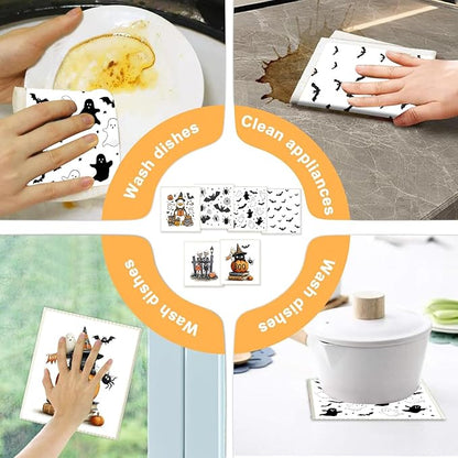 6 Pack Swedish Dishcloths for Kitchen - Reusable Dish Paper Towels Wash Cloths Washable,Absorbent Cellulose Cleaning Sponge Cloth Wipes, Decorative Tea Towels,No Odor Biodegradable(Halloween)