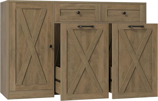 HOSTACK 12.5 Gallon Kitchen Trash Cabinet, 47" Double Trash Can Cabinet, Large Pull Out Can Storage Drawers, Wood Farmhouse Hidden Garbage Storage Buffet for Kitchen, Dining Room, Rustic Brown