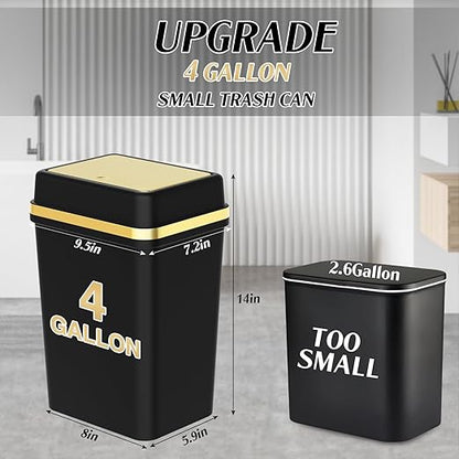 3 Pack Bathroom Trash Can with Lid 4 Gallon Small Trash Can with Press Top Lid Black and Gold Bathroom Garbage Can with 150 Counts Trash Bags for Kitchen Bedroom Office