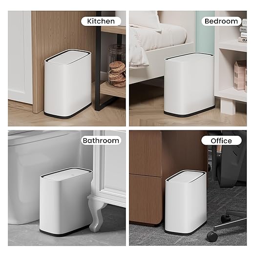 Bathroom Trash Can, 2.1 Gallon Small Slim Garbage Can with Lid and Wheels, Air-Press Bag Expander & Inner Bucket, White Plastic Waste Basket Dog Proof for Kitchen, Office, Bedroom, Garbage Trash Bin