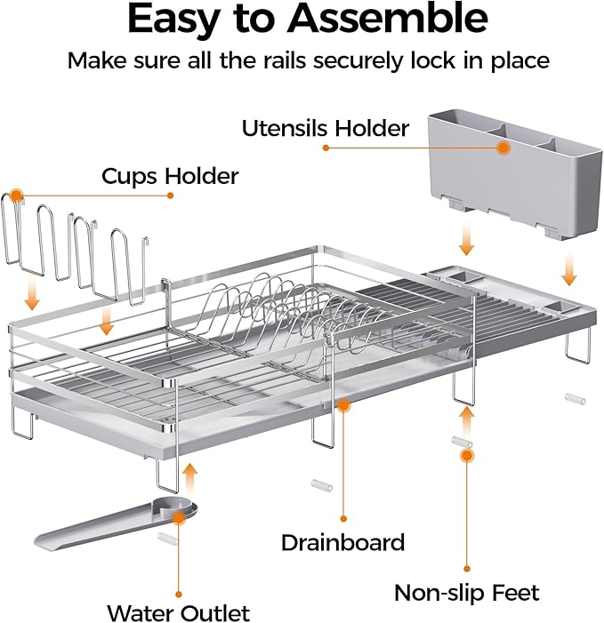Delamu Stainless Steel Dish Drying Rack, Expandable Dish Drainer, Anti-Rust Large Dish Racks for Kitchen Counter, Dish Strainers with Drainboard, Utensil & Cup Holder, 13.4"-28.7" L x 11.8" W, Grey