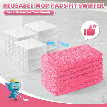8 Pack Reusable Mop Pads Compatible with Swiffer Sweeper Mop, Wet and Dry Chenille Sweeping Cloths, Washable Pads Refill, Microfiber Pads for Multi-Surface/Hardwood Floor Cleaning (Pink)