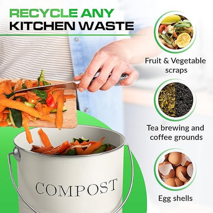 Plexon Countertop Compost Bin Kitchen, Kitchen Compost Bin 1.3 Gallon, Metal Compost Bucket with Lid, Beige