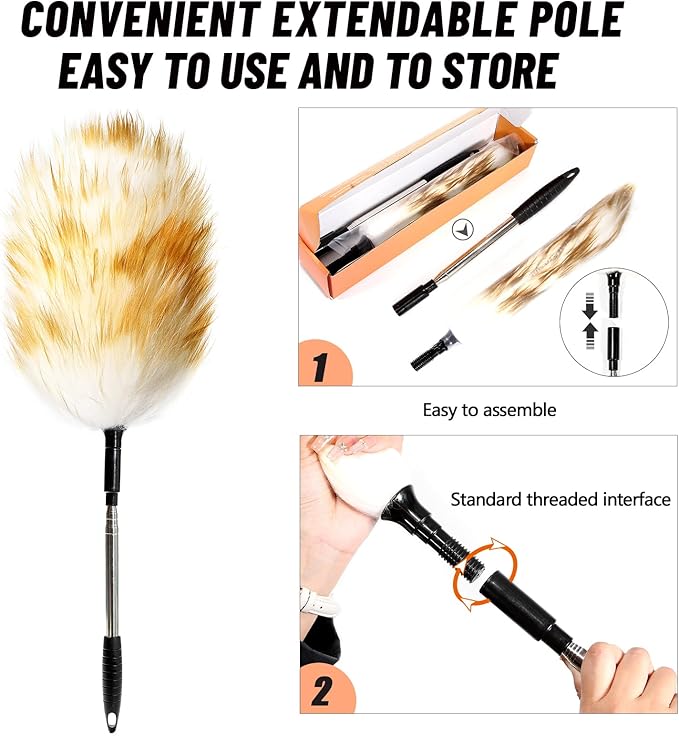 Extendable Lambswool Duster 82inch with Aluminium Alloy Handle, Natural Long Feather Duster for Cleaning Fans, Ceiling, Bookshelevs, for Home&Office