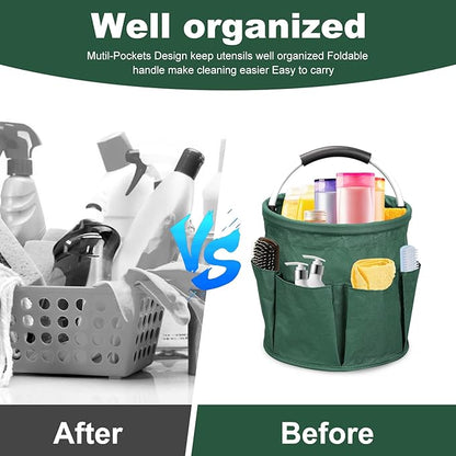 Qivine 17L Cleaning Caddy with Handle, Cleaning Supply Caddy, Foldable Tool Bag Cleaning Products Organizer, Portable Cleaning Bucket Caddy for Cleaning Supplies (Green)