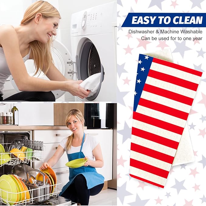 Whaline Patriotic Swedish Kitchen Dishcloths 6 Pack 4th of July Dish Towel American Flag Hand Drying Tea Towel Red Blue Cotton Dishcloth for Independence Day Cooking Cleaning Wipe, 6.7 x 7.5 in