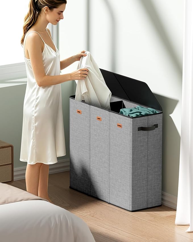 Laundry Hamper 3 Compartment 185L, Large Laundry Hamper with Lid and 3 Inner Bags, Dirty Clothes Hamper, Collapsible Laundry Sorter for Bedroom, Laundry Room, Dorm