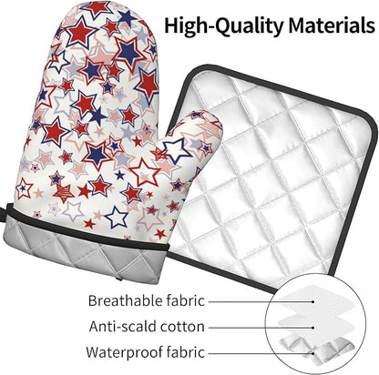 Stars Oven Mitts - Patriotic Kitchen Mitts Pot Holders Red White and Blue Hot Mitts 4th of July Hot Pads Sets of 2 for Cooking Baking Grilling