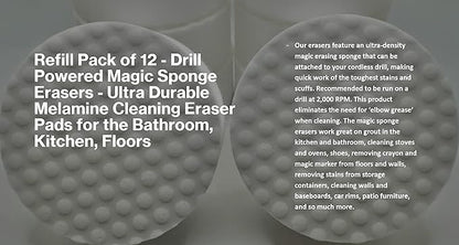 Refill Pack of 12 Drill Powered XL 4.5” Magic Sponge Erasers | Compatible with RotoEraser | 25% Thicker Ultra Durable Melamine Cleaning Eraser Pads for Bathroom Kitchen Floors Round 4.5" x 1.25" Thick