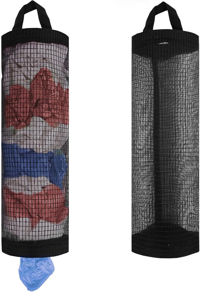ZUFECY 2Pc Grocery Bag Holder, Trash Bags Dispenser Organizer, Breathable Mesh Bags Black Hanging Storage Dispenser
