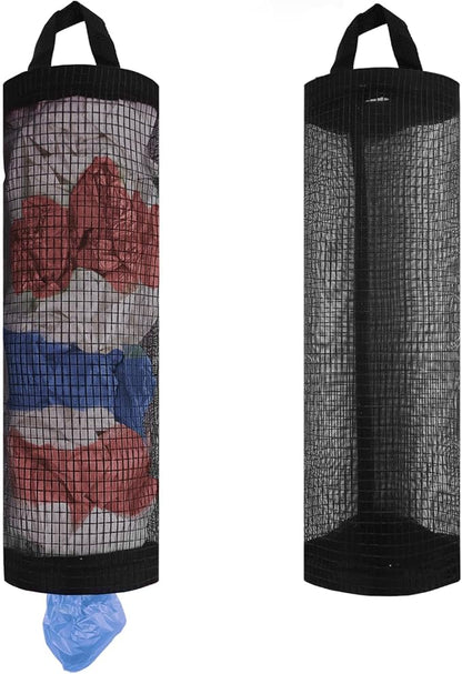 ZUFECY 2Pc Grocery Bag Holder, Trash Bags Dispenser Organizer, Breathable Mesh Bags Black Hanging Storage Dispenser