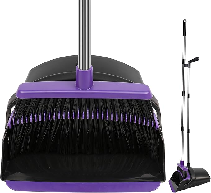 Broom and Dustpan Set, Upright Purple Broom with Dustpan Combo Set 51" Long Handle, Self Cleaning Dust Pan for Home, Kitchen and Office