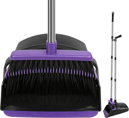 Broom and Dustpan Set, Upright Purple Broom with Dustpan Combo Set 51" Long Handle, Self Cleaning Dust Pan for Home, Kitchen and Office