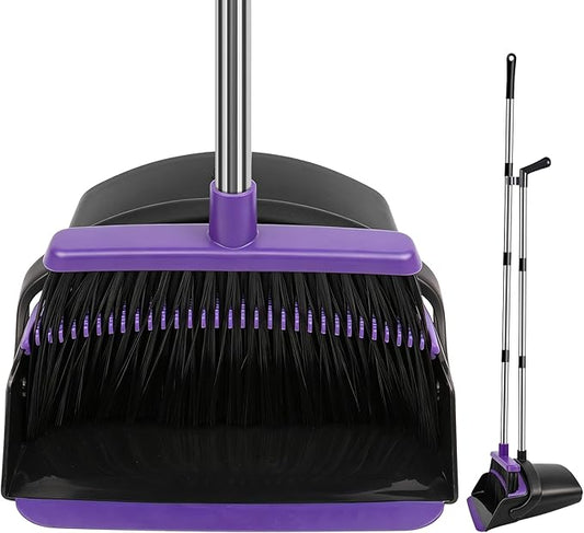 Broom and Dustpan Set, Upright Purple Broom with Dustpan Combo Set 51" Long Handle, Self Cleaning Dust Pan for Home, Kitchen and Office