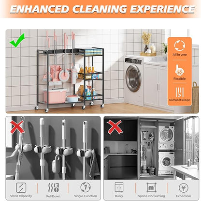 Broom and Mop Holder, Broom Closet Storage Cabinet with Cleaning Supplies Organizer, 2-in-1 Broom Mop and Cleaning Supplies Storage Cleaning Cart, Cleaning Cart with Wheels for Housekeeping