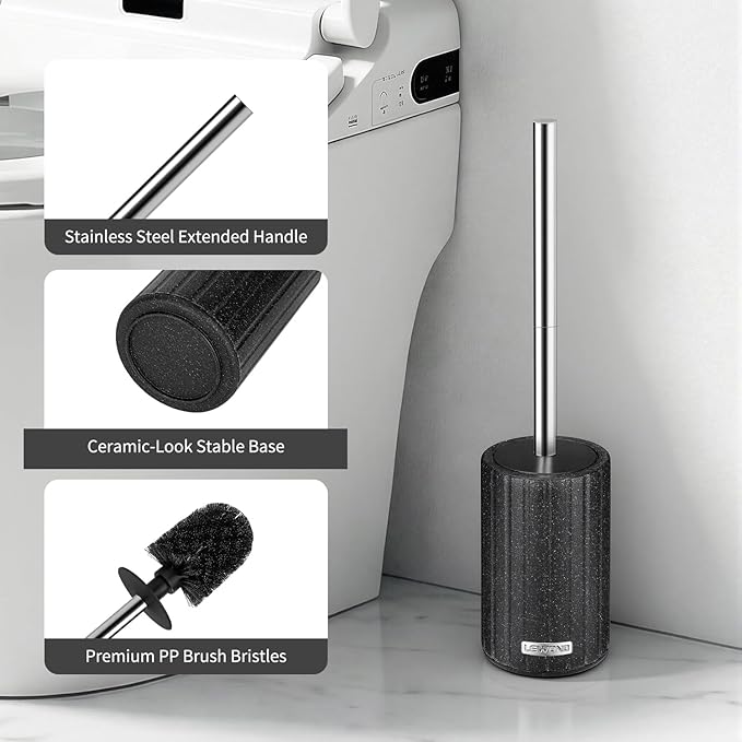Toilet Bowl Brush and Holder, Durable Toilet Scrubber Bristles, Long Stainless Steel Handle, Ceramic Texture Toilet Brush and Holder Set, Deep Cleaning Toilet Brush for Bathroom, Black