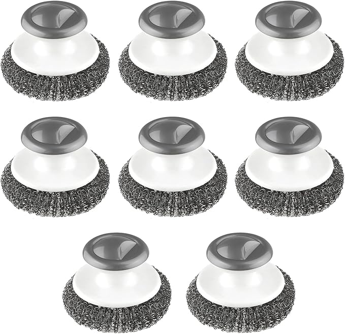 8 Pcs Stainless Steel Scrubber Steel Wool Scrubber Tool Scrubbing Scouring Brush Ball with Handle for Home Kitchen Pots Pans