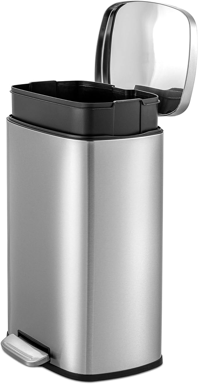 QUALIAZERO 50L/13Gal Heavy Duty Hands-Free Stainless Steel Commercial/Kitchen Step Trash Can, Fingerprint-Resistant Soft Close Lid Trashcan, 50L / 13 GAL
