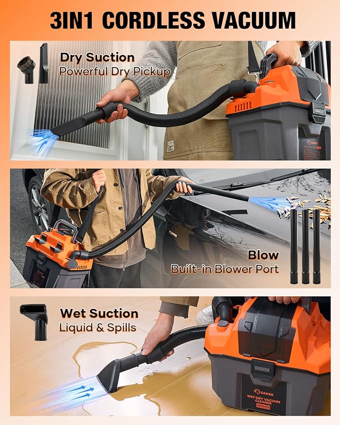 Saker Cordless Wet and Dry Shop Vacuum 17kPa 2.6 Gallon Portable Shop Vacuum Cleaner with Storage Rack, 2×4.0Ah Batteries, Strap, HEPA Filter, 3-in-1 Small Shop Vac for Car, Garage, Workshop